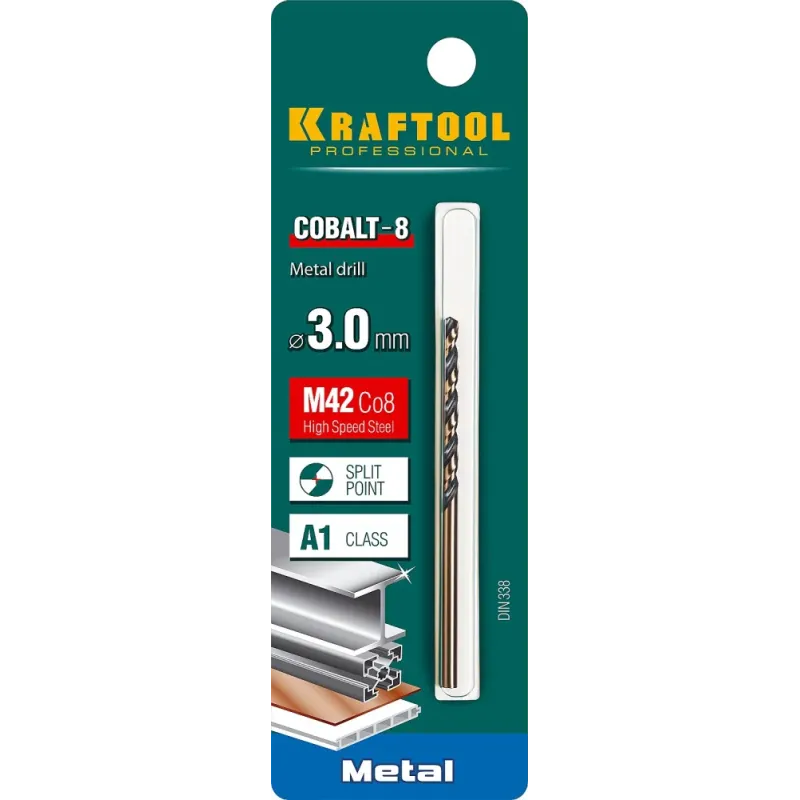 KRAFTOOL COBALT-8, 3.0 х 61 мм, сталь М42, HSS-Co(8%), сверло по металлу (29656-3)