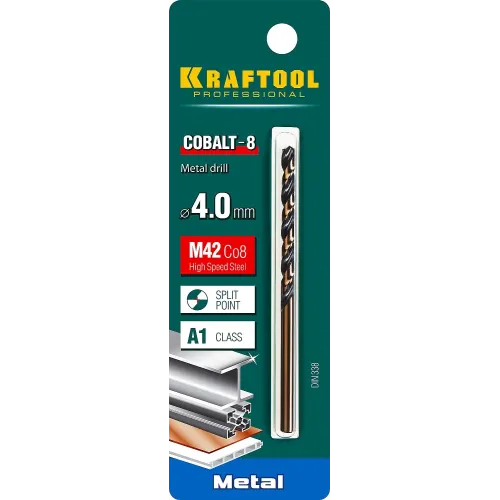 KRAFTOOL COBALT-8, 4.0 х 75 мм, сталь М42, HSS-Co(8%), сверло по металлу (29656-4)