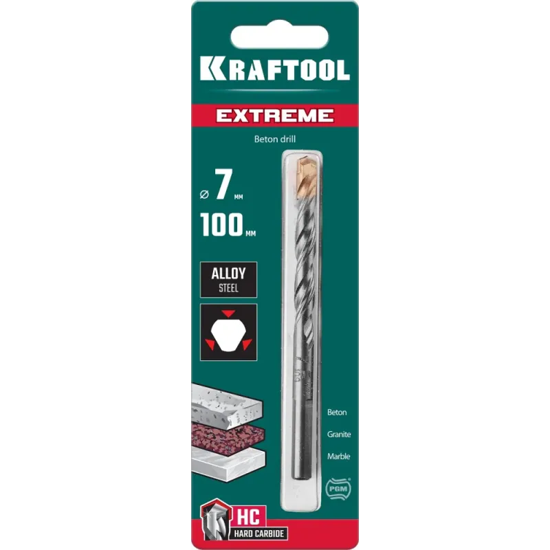 KRAFTOOL Extreme, 7 х 100 мм, трехгранный хвостовик, сверло по бетону (29166-100-07)