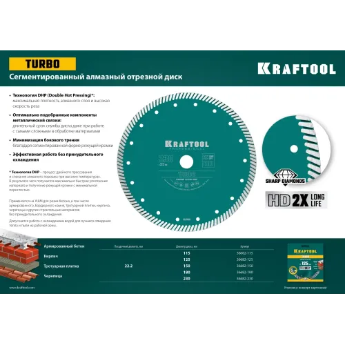 KRAFTOOL Turbo, 150 мм, (22.2 мм, 10 х 2.4 мм), сегментированный алмазный диск (36682-150)