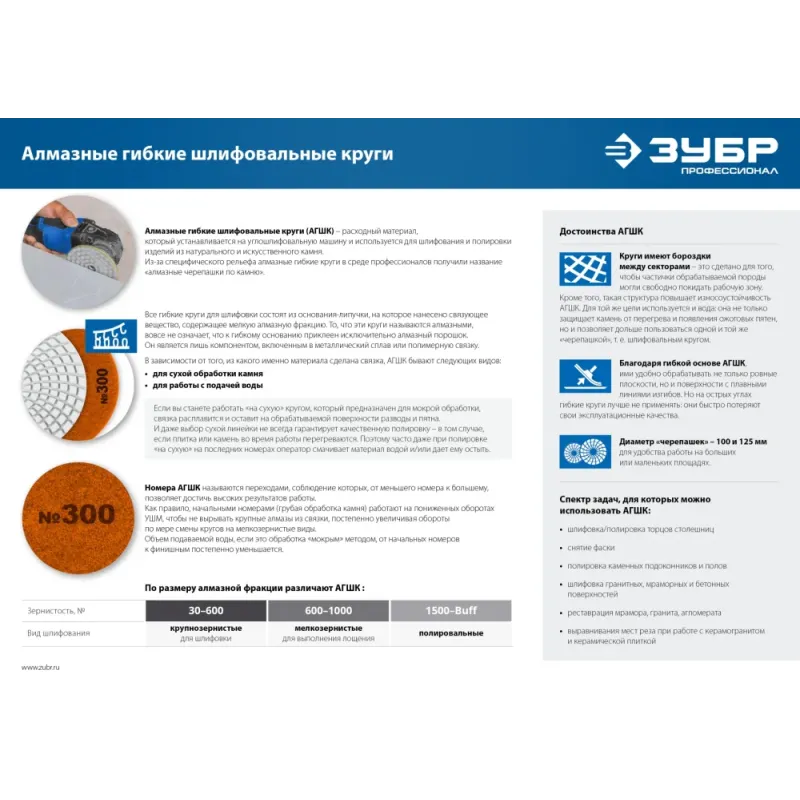 ЗУБР 100 мм, №30, сухое шлифование, алмазный гибкий шлифовальный круг АГШК, Профессионал (29868-030)