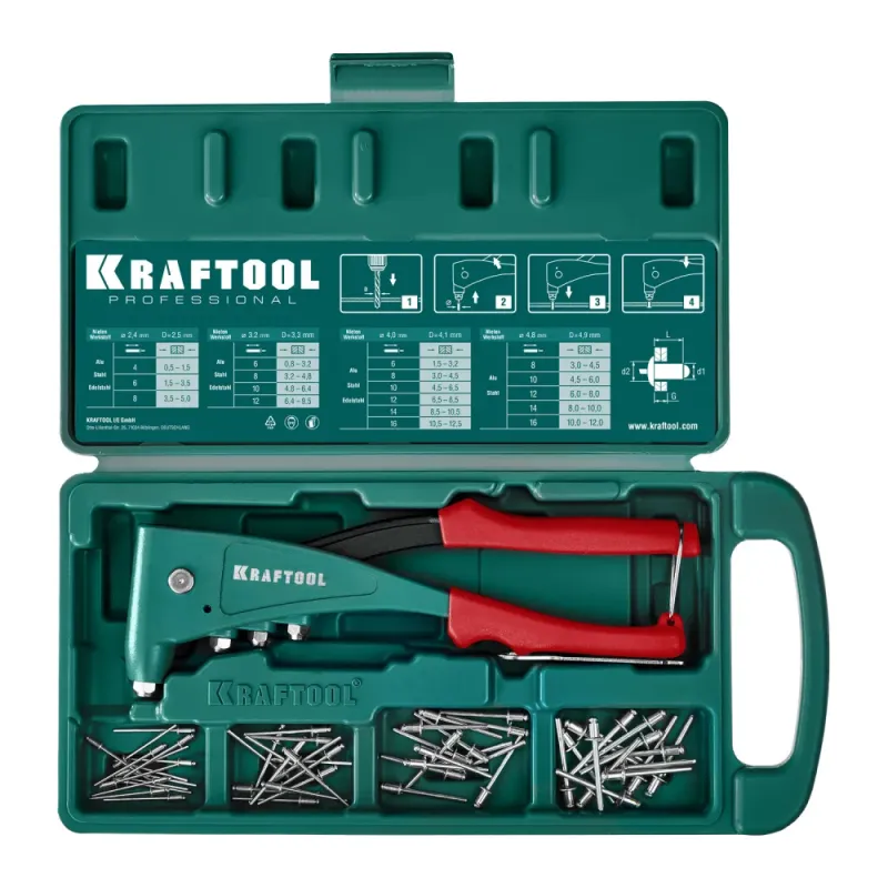 KRAFTOOL X-5F, 2.4 - 4.8 мм, 260 мм, удержание заклепки, литой заклепочник в кейсе (31173-H6)
