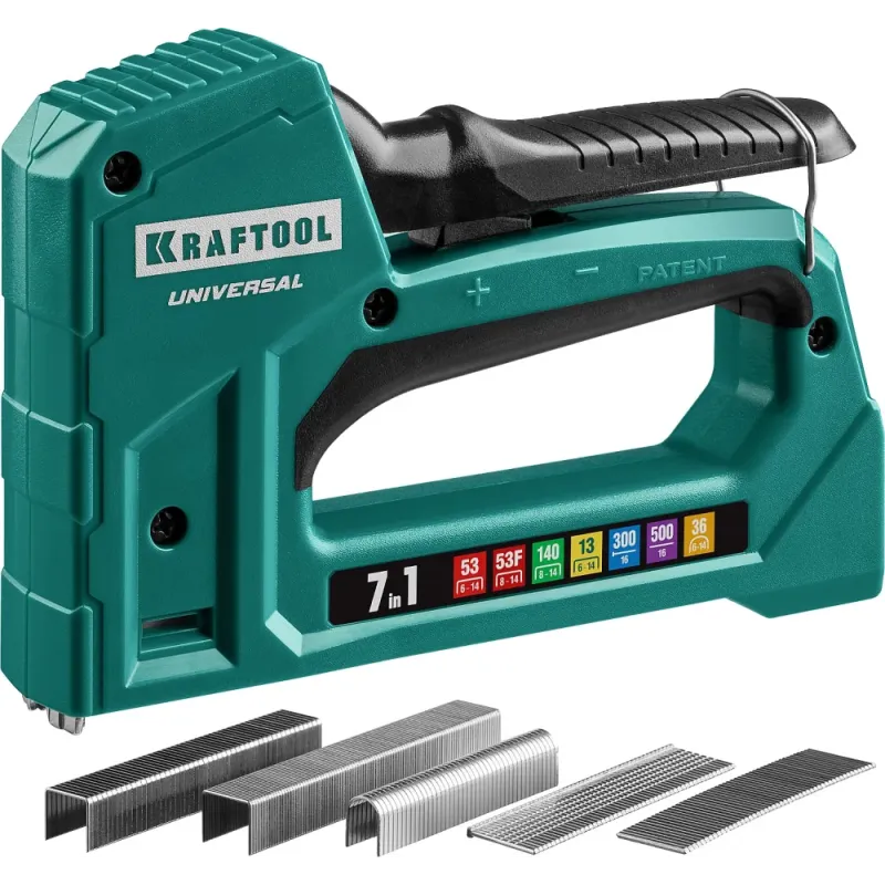 KRAFTOOL Universal, 7-в-1: 53 (A/10/JT21) 23GA (6 - 14 мм)/140 (G/11/57) 20GA (8 - 14 мм)/13/53F/36/500, универсальный легкий степлер (31524)