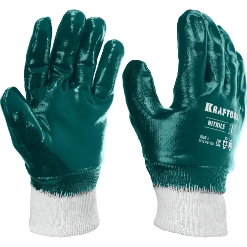 KRAFTOOL HYKRAFT Heavy Duty - особопрочные, L (9), с манжетой, нитриловое покрытие, высокая защита от нефтепродуктов, перчатки (11289-L)