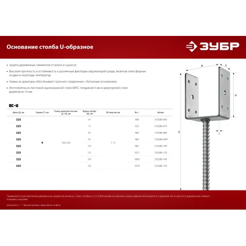 ЗУБР ОС-U, 121 x 120 x 60 мм, U-образное основание столба (310286-120)