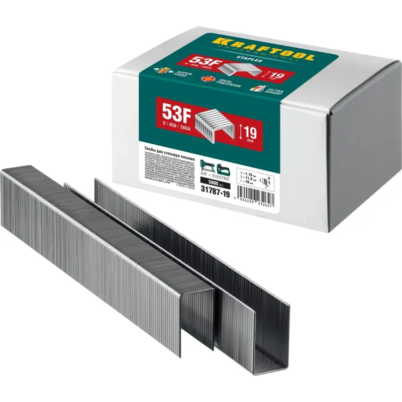 KRAFTOOL скобы тип 53F (D/056), 19 мм, калибр 23GA. 5000 шт (31787-19)