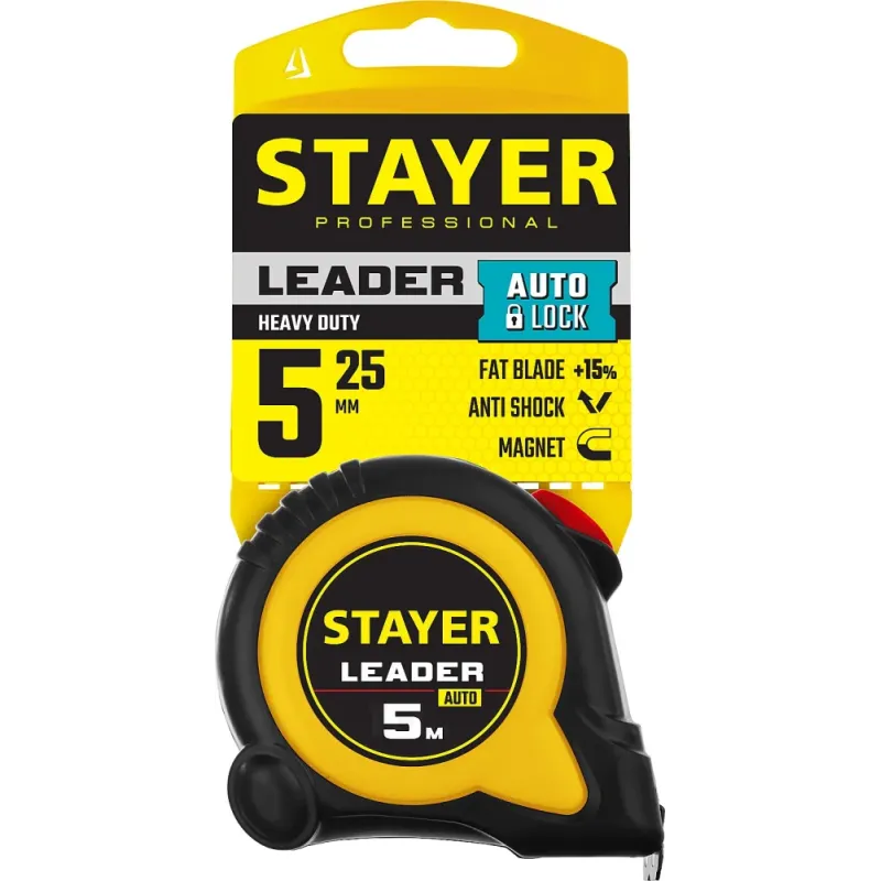 STAYER Leader, 5 м х 25 мм, рулетка с автостопом, Professional (3402-5)