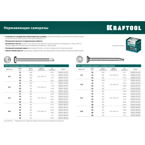 KRAFTOOL DS-P, 50 х 4.8 мм, А2, сверло, полукруглая головка, ТХ25, 150 шт, саморез нержавеющий (300931-48-050)