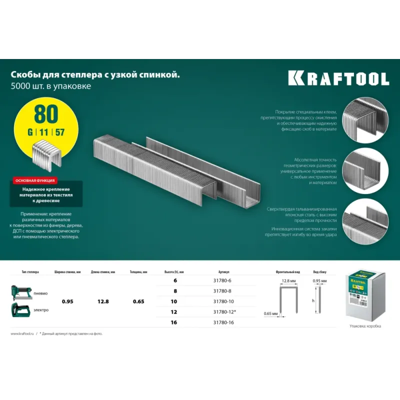 KRAFTOOL скобы тип 80 (BeA/Prebena A/Senco AT), 16 мм, калибр 21GA. 5000 шт (31780-16)
