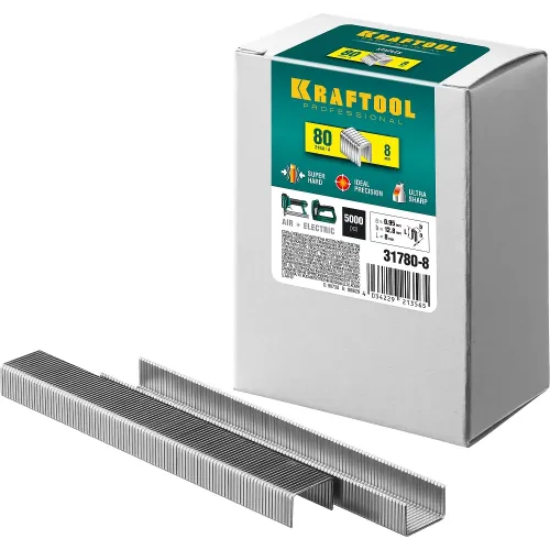 KRAFTOOL скобы тип 80 (BeA/Prebena A/Senco AT), 8 мм, калибр 21GA. 5000 шт (31780-8)