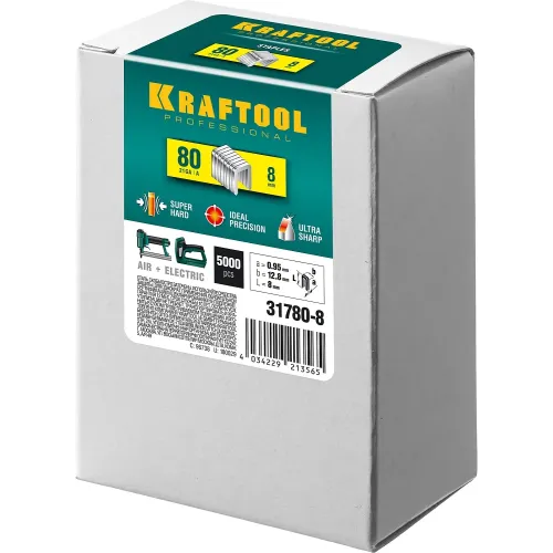 KRAFTOOL скобы тип 80 (BeA/Prebena A/Senco AT), 8 мм, калибр 21GA. 5000 шт (31780-8)