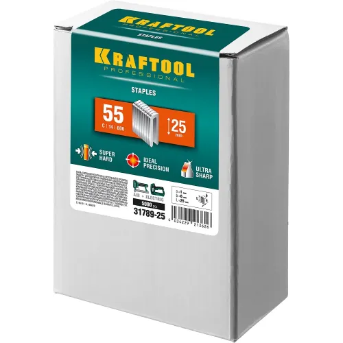 KRAFTOOL скобы тип 55 (90/C), 25 мм, калибр 18GA. 5000 шт (31789-25)