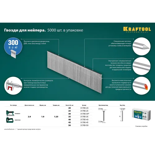 KRAFTOOL гвозди тип 300 (47/J/ F), 25 мм, калибр 18GA. 5000 шт (31785-25)