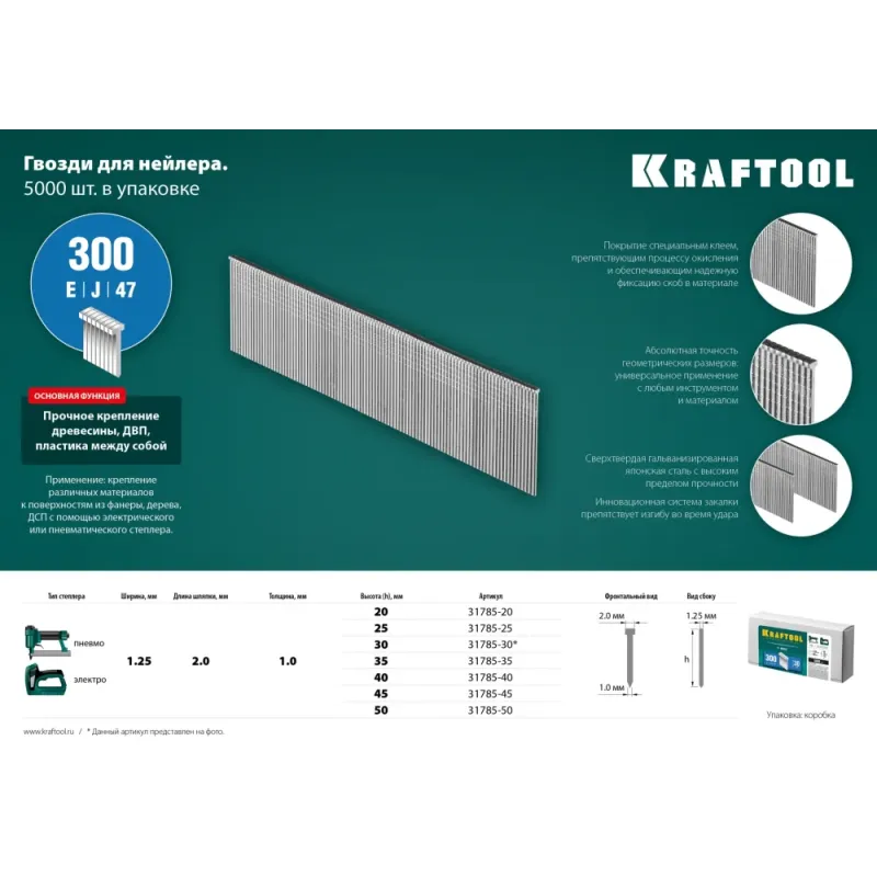 KRAFTOOL гвозди тип 300 (47/J/ F), 25 мм, калибр 18GA. 5000 шт (31785-25)