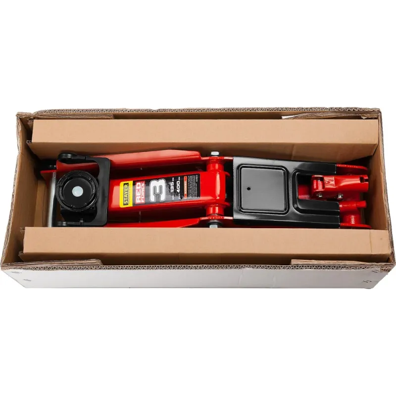 STAYER R-33 RED FORCE, 3 т, 135 - 400 мм, подкатной домкрат с увеличенным подъемом, Professional (43154-3)