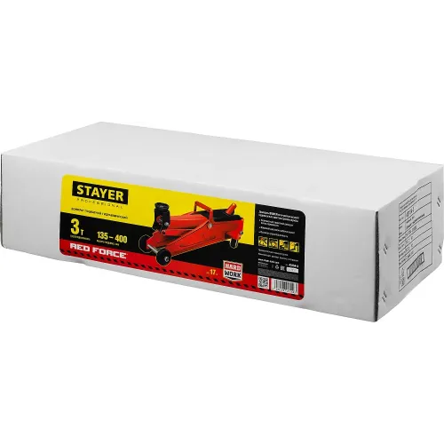 STAYER R-33 RED FORCE, 3 т, 135 - 400 мм, подкатной домкрат с увеличенным подъемом, Professional (43154-3)