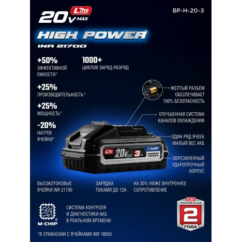 ЗУБР High Power, 20 В, 3.0 А·ч, аккумулятор LMS, ПРОФЕССИОНАЛ (BP-H-20-3)