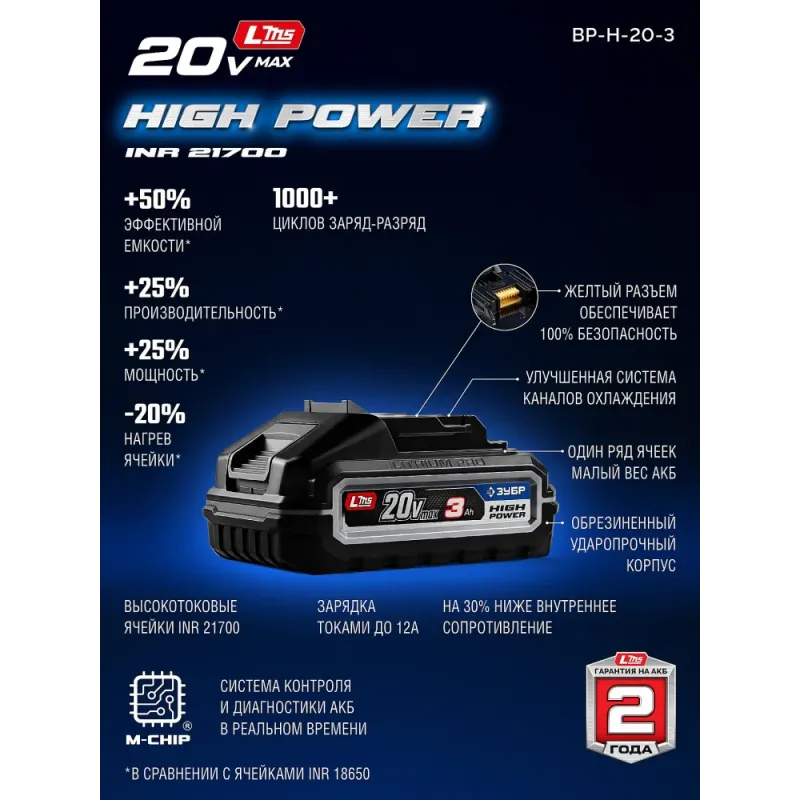 ЗУБР High Power, 20 В, 3.0 А·ч, аккумулятор LMS, ПРОФЕССИОНАЛ (BP-H-20-3)