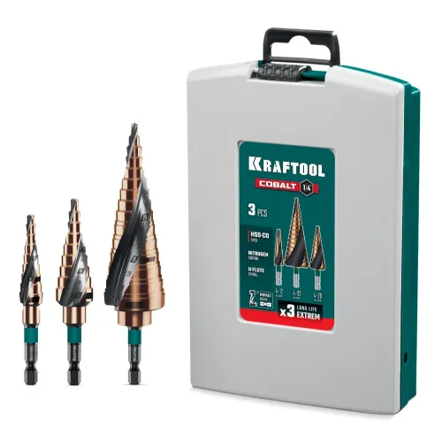 KRAFTOOL COBALT 3 шт., 4-32мм, азотирование, винтовая спираль, набор сверл ступенчатых(29691-4-32-H3)