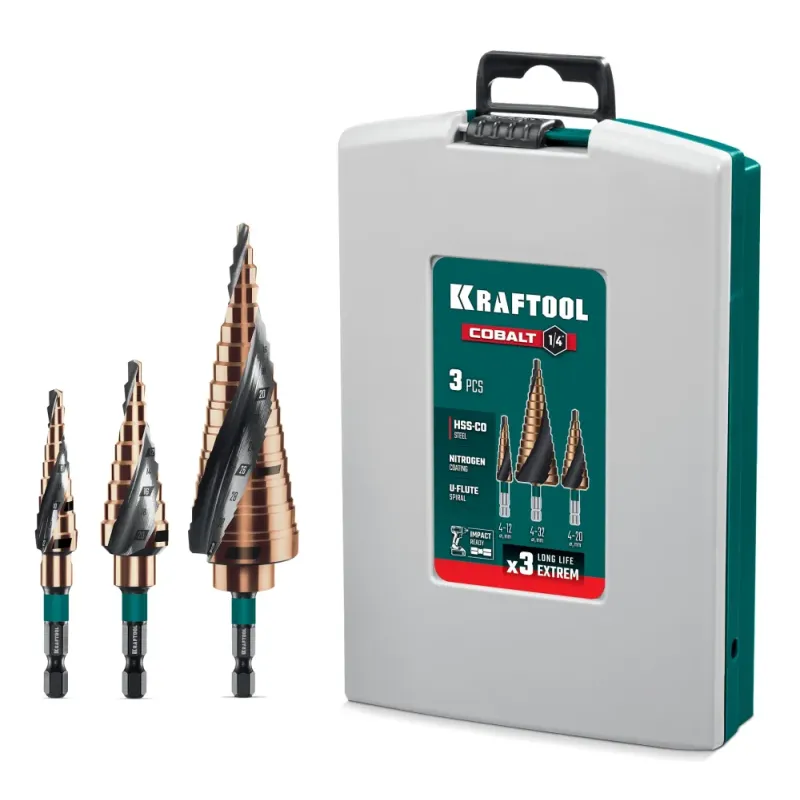 KRAFTOOL COBALT 3 шт., 4-32мм, азотирование, винтовая спираль, набор сверл ступенчатых(29691-4-32-H3)