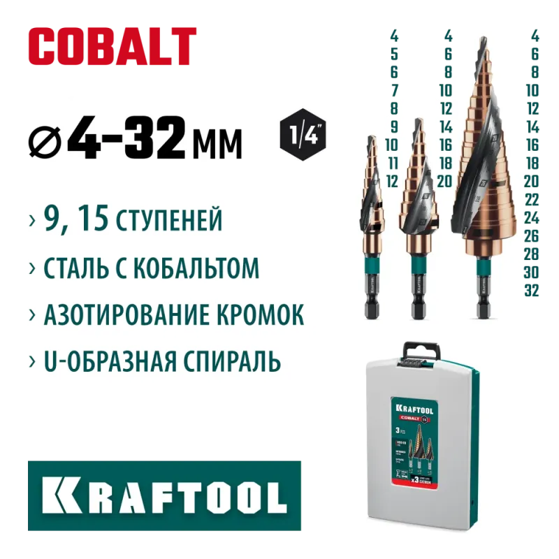 KRAFTOOL COBALT 3 шт., 4-32мм, азотирование, винтовая спираль, набор сверл ступенчатых(29691-4-32-H3)