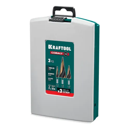 KRAFTOOL COBALT 3 шт., 4-32мм, азотирование, винтовая спираль, набор сверл ступенчатых(29691-4-32-H3)