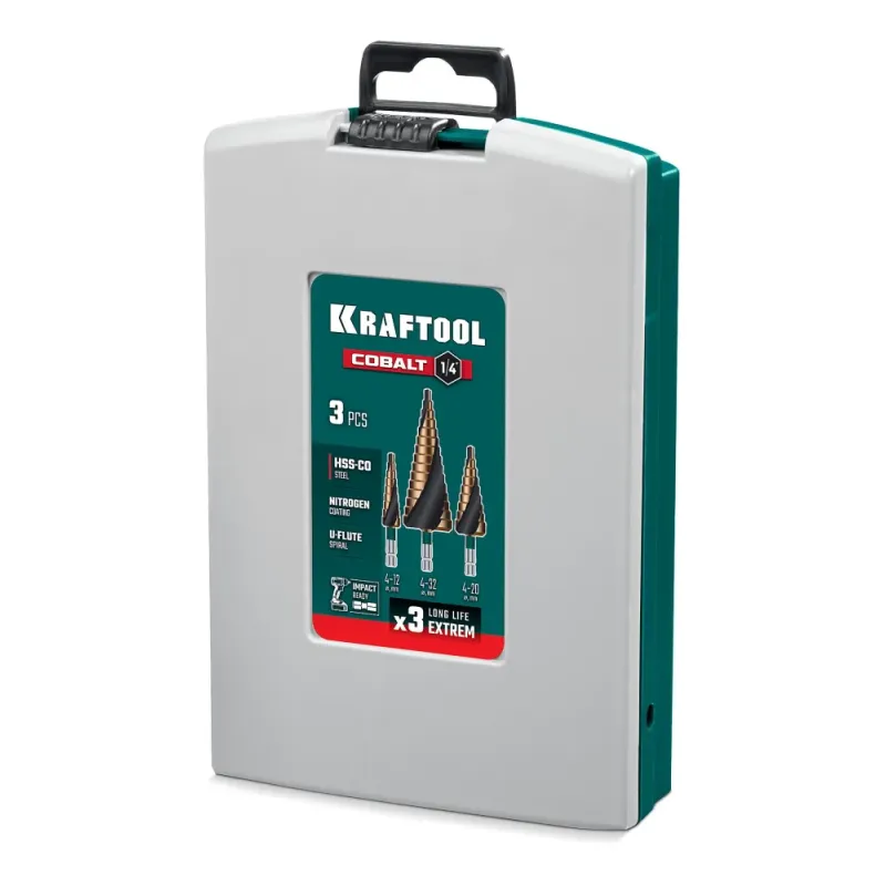 KRAFTOOL COBALT 3 шт., 4-32мм, азотирование, винтовая спираль, набор сверл ступенчатых(29691-4-32-H3)