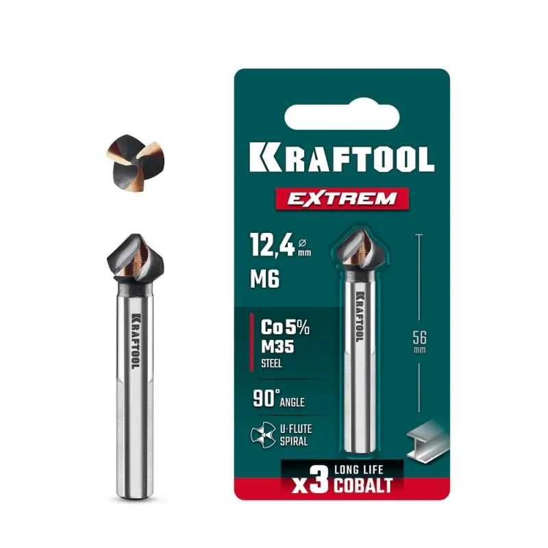 KRAFTOOL EXTREM, d 12.4х8х56 мм, Z3, 90°, сталь M35, U-образная спираль, зенковка (29734-6)