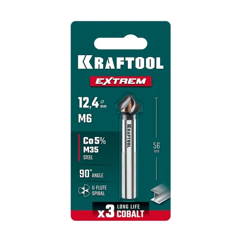 KRAFTOOL EXTREM, d 12.4х8х56 мм, Z3, 90°, сталь M35, U-образная спираль, зенковка (29734-6)