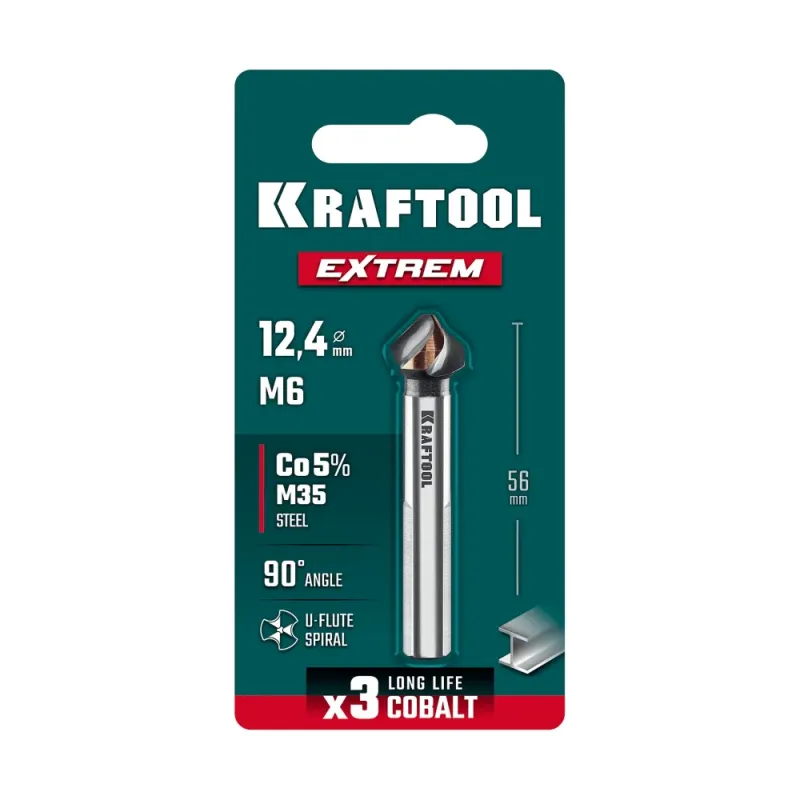 KRAFTOOL EXTREM, d 12.4х8х56 мм, Z3, 90°, сталь M35, U-образная спираль, зенковка (29734-6)