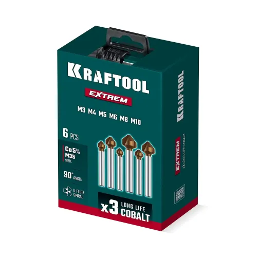 KRAFTOOL EXTREM, 6 шт (6.3, 8.3, 10.4, 12.4, 16.5, 20.5 мм), Z3, 90°, сталь M35, U-образная спираль, набор зенковок (29734-H6)