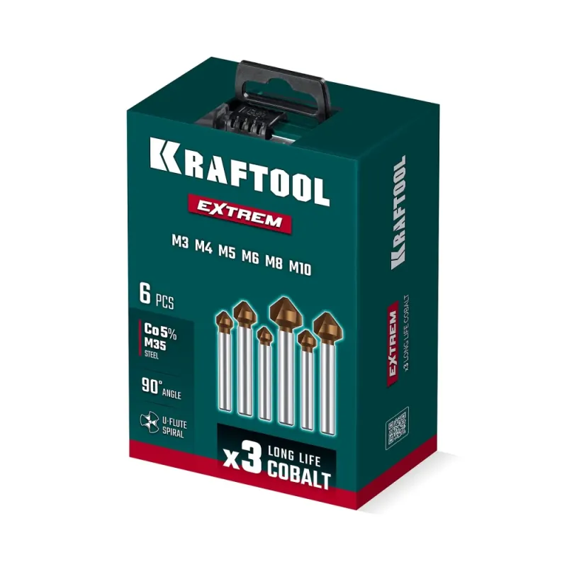 KRAFTOOL EXTREM, 6 шт (6.3, 8.3, 10.4, 12.4, 16.5, 20.5 мм), Z3, 90°, сталь M35, U-образная спираль, набор зенковок (29734-H6)