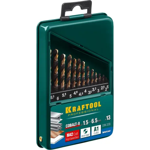 KRAFTOOL COBALT-8, 13 шт, (1.5-6.5 мм), сталь М42, HSS-Co(8%), набор сверл по металлу (29656-H13)