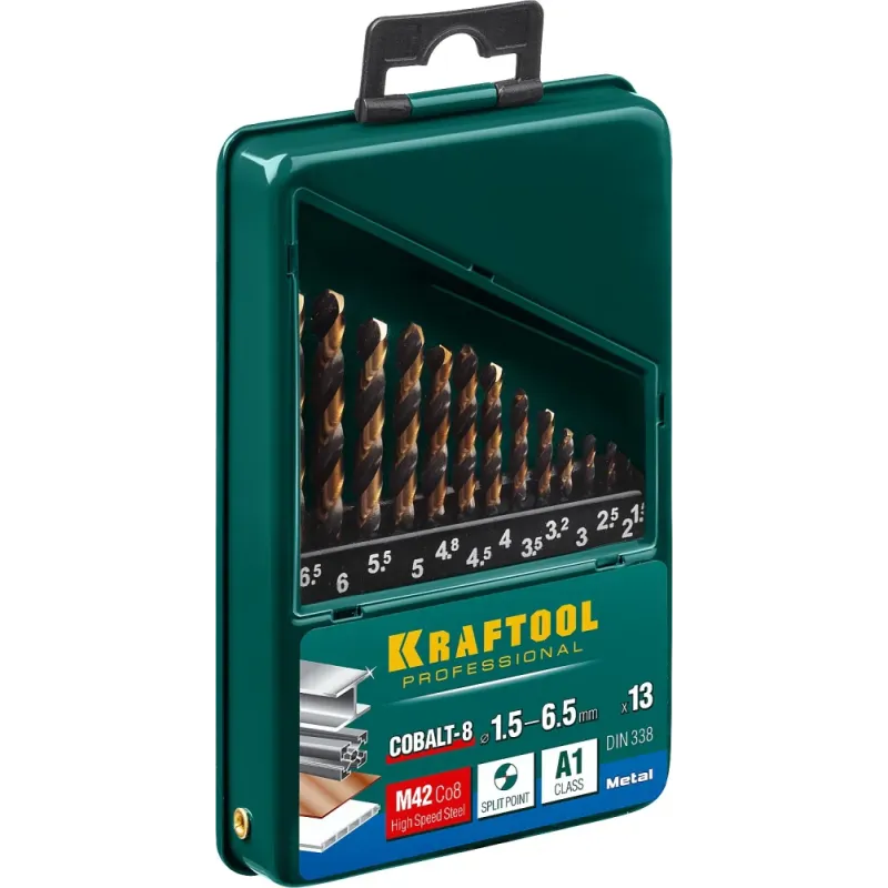 KRAFTOOL COBALT-8, 13 шт, (1.5-6.5 мм), сталь М42, HSS-Co(8%), набор сверл по металлу (29656-H13)