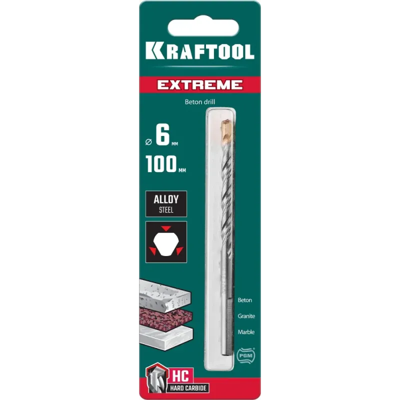 KRAFTOOL Extreme, 6 х 100 мм, трехгранный хвостовик, сверло по бетону (29166-100-06)