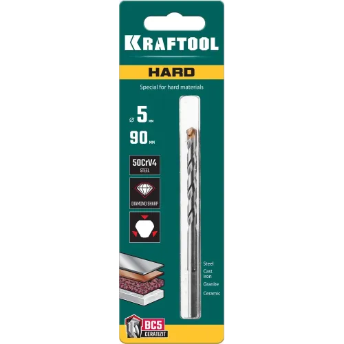 KRAFTOOL Hard, 5 х 90 мм, тв.сплав ВС5, сверло специальное по твёрдым материалам (29177-090-5)