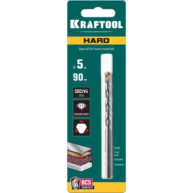 KRAFTOOL Hard, 5 х 90 мм, тв.сплав ВС5, сверло специальное по твёрдым материалам (29177-090-5)