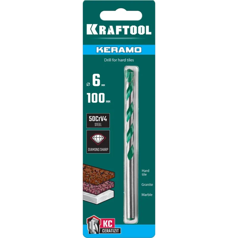 KRAFTOOL Keramo, 6 х 100 мм, тв.сплав КС, сверло по керамограниту (29175-100-6)