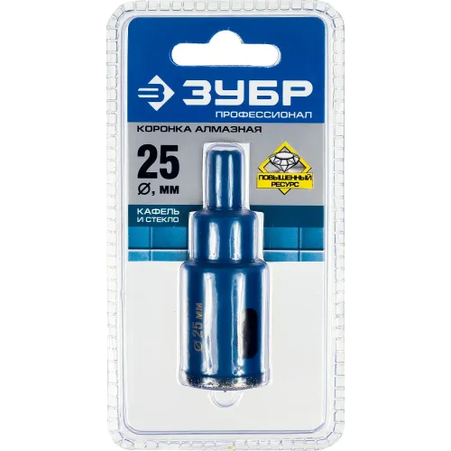 ЗУБР АГК, d 25 мм, (центр. сверло, трехгр. хвост, Р60), алмазная коронка, Профессионал (29850-25)