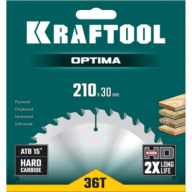 KRAFTOOL Optima, 210 х 30 мм, 36Т, пильный диск по дереву (36951-210-30)