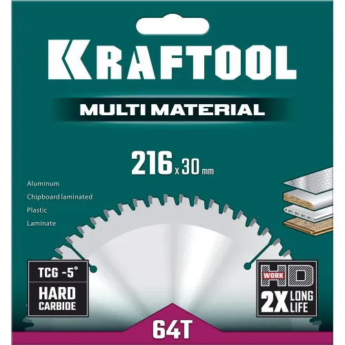 KRAFTOOL Multi Material, 216 х 30 мм, 64Т, пильный диск по алюминию (36953-216-30)