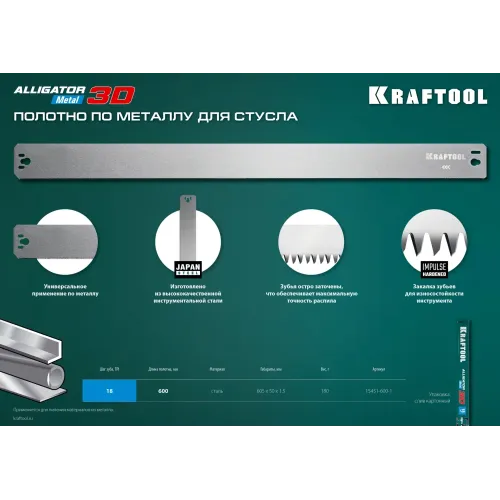 KRAFTOOL Alligator 3D, 600 мм, полотно по металлу для прецизионного стусла (15451-600-1)