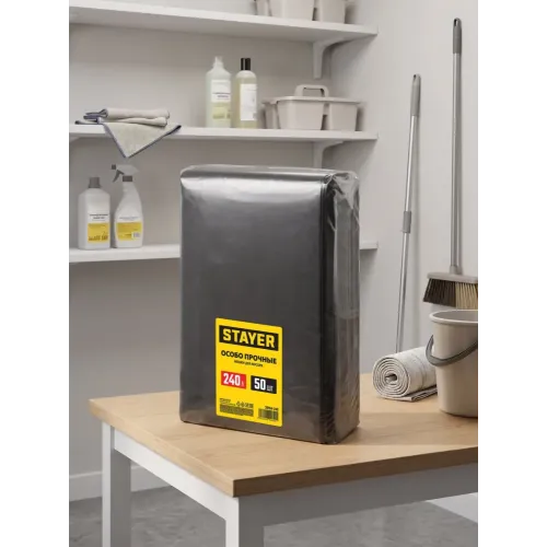 STAYER HEAVY DUTY, 240 л, 50 шт, черные, особопрочные, строительные мусорные мешки (39154-240)