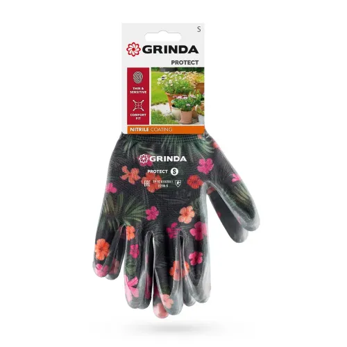 GRINDA PROTECT, S (7), садовые перчатки с прозрачным нитриловым покрытием, чёрные, 13 класс (11296-S)