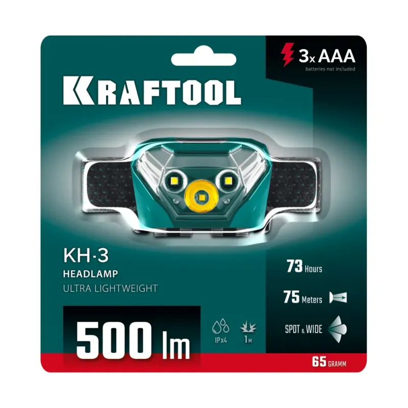 KRAFTOOL KH-3, 500 лм, 5 режимов, налобный фонарь, 3ААА (56456)