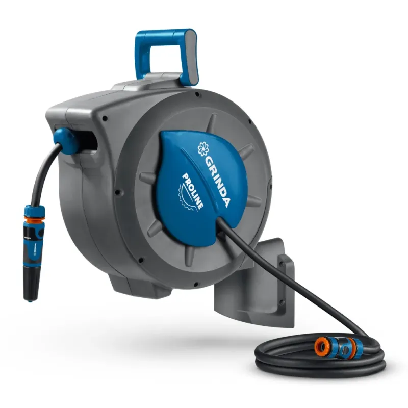 GRINDA HRA-20, шланг 20м x 1/2″, на поворотном кронштейне настенная, поливочный набор 4 предмета, катушка автоматическая со шлангом ProLine (428470)