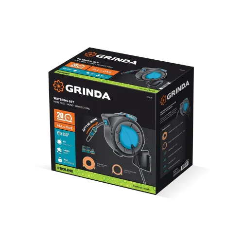 GRINDA HRA-20, шланг 20м x 1/2″, на поворотном кронштейне настенная, поливочный набор 4 предмета, катушка автоматическая со шлангом ProLine (428470)