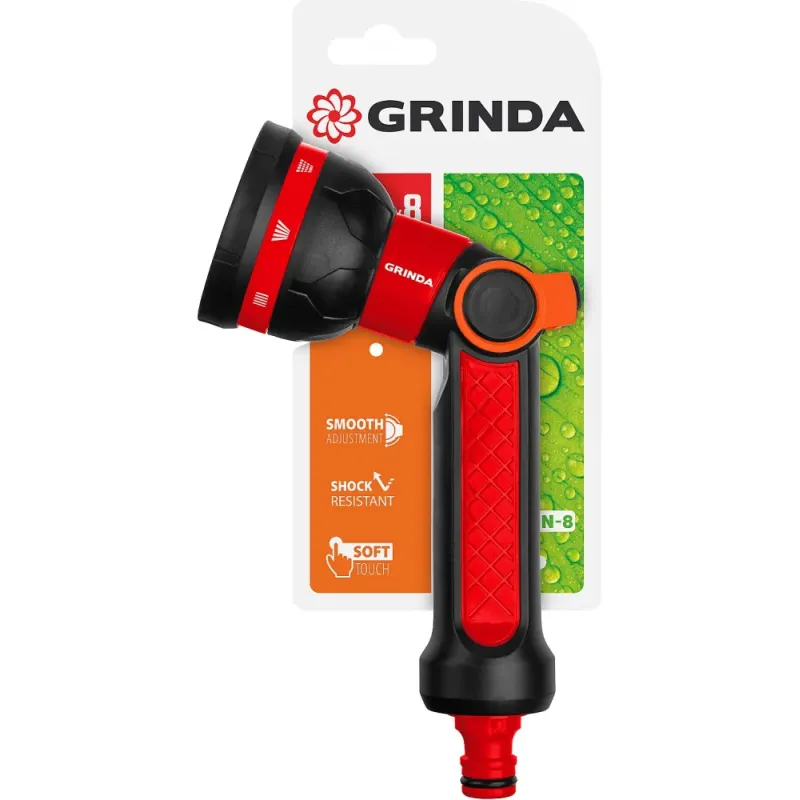 GRINDA N-8, с регулятором напора, 8 режимов, двухкомпонентный, поливочный пистолет (8-427188)