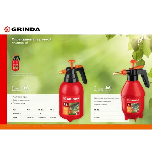 GRINDA PS-2, 2 л, ручной, колба из полиэтилена, помповый опрыскиватель (425053)
