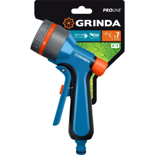 GRINDA F-7, 7 режимов, курок спереди, двухкомпонентный с регулятором напора, поливочный пистолет, PROLine (429120)